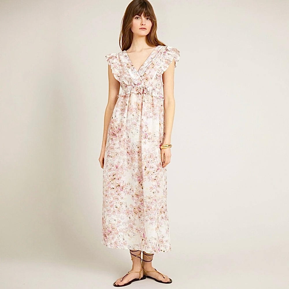 New Munthe Silk Cotton Floral Pleat Maxi‎ Dress Size 10 Ruffle Sleeve Feminine